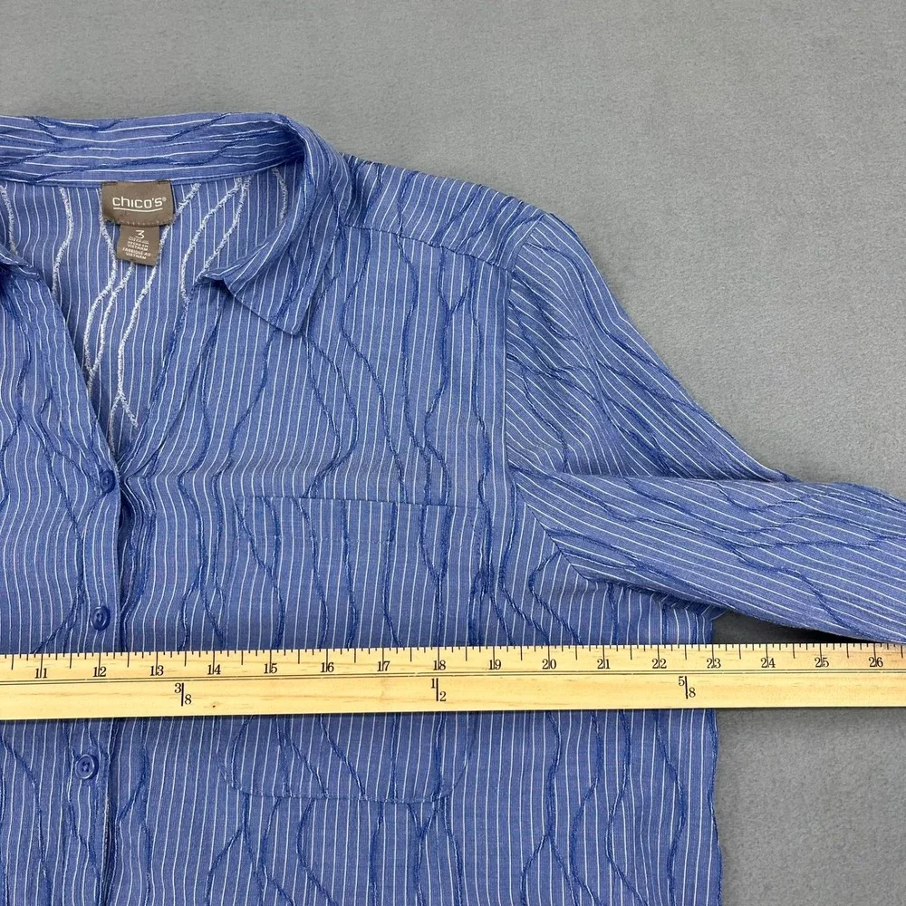Chico's Blue White Pinstripe Textured Button Down Shirt Roll Tab Size 3 Large - Picture 6 of 13